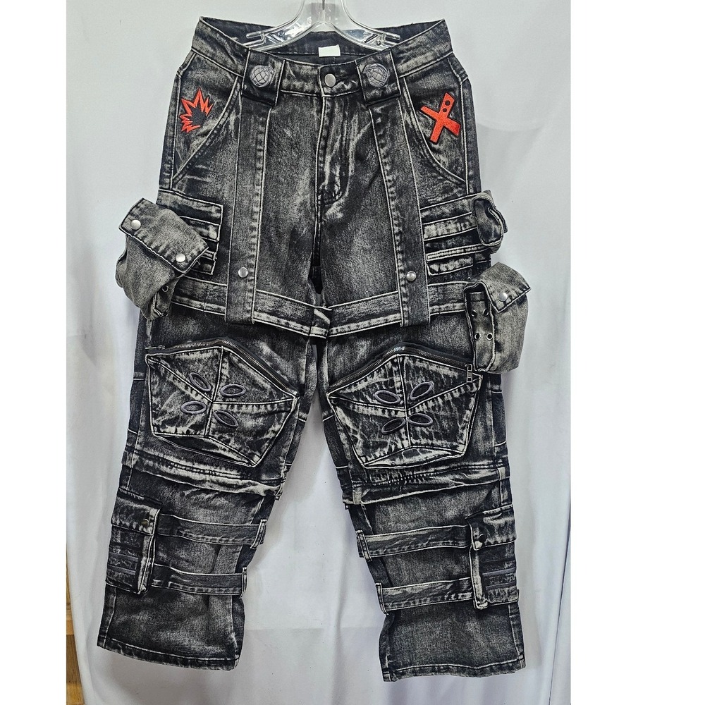 Black denim cargo SORA brand pants distinct acid wash finish & multiple pockets.